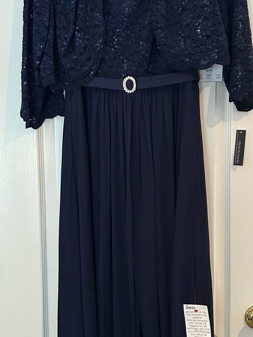 R&M Richards Navy Sequin Bodice Maxi Dress with Jeweled Belt